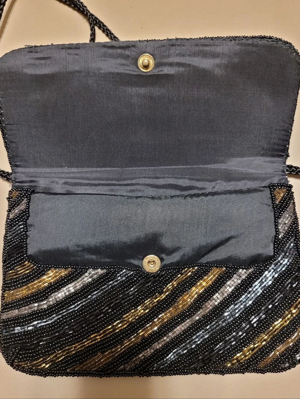 Black Beaded Evening Bag with Gold & Silver Accents.